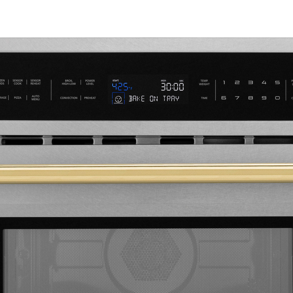 ZLINE Autograph 30" 1.6 cu ft. Built-in Convection Microwave Oven in Satin Stainless Steel and Polished Gold Accents, MWOZ-30-SS-G