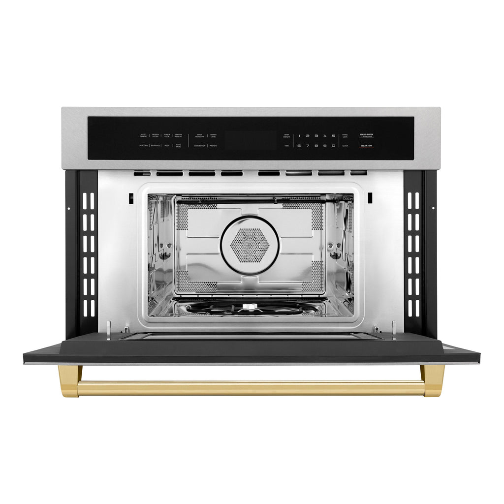 ZLINE Autograph 30" 1.6 cu ft. Built-in Convection Microwave Oven in Satin Stainless Steel and Polished Gold Accents, MWOZ-30-SS-G