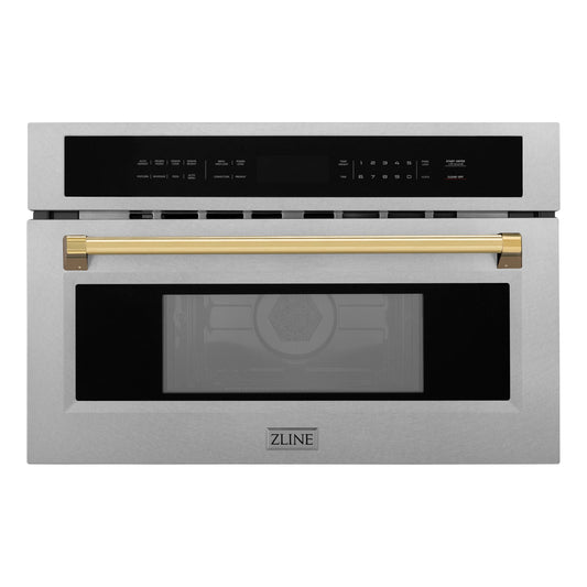 ZLINE Autograph 30" 1.6 cu ft. Built-in Convection Microwave Oven in Satin Stainless Steel and Polished Gold Accents, MWOZ-30-SS-G