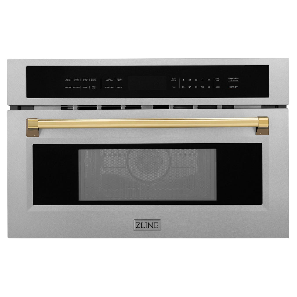 ZLINE Autograph 30" 1.6 cu ft. Built-in Convection Microwave Oven in Satin Stainless Steel and Polished Gold Accents, MWOZ-30-SS-G