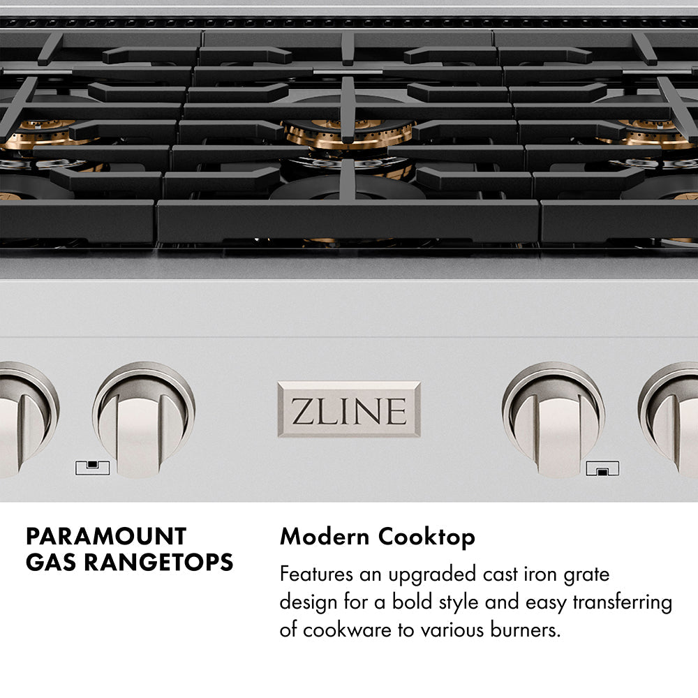 ZLINE Autograph 36" Paramount Gas Rangetop with 6 Burner DuoPro™ Cooktop in Satin Stainless Steel and Matte Black Accents, PSRTSZ-36-MB