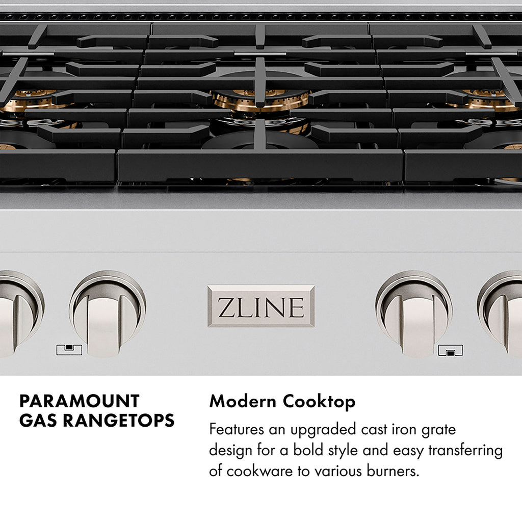 ZLINE Autograph Edition 30" Paramount Gas Rangetop with 4 Burner DuoPro™ Cooktop in Stainless Steel and Matte Black Accents, PSRTZ-30-MB