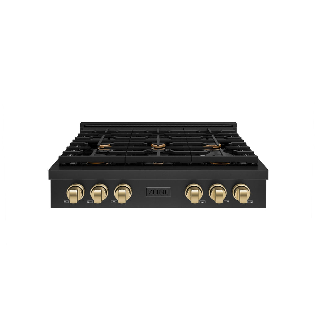 ZLINE Autograph 36" Paramount Gas Rangetop with 6 Burners and Porcelain Cooktop in Black Stainless Steel with Champagne Bronze Accents, SRTBZ-36-CB