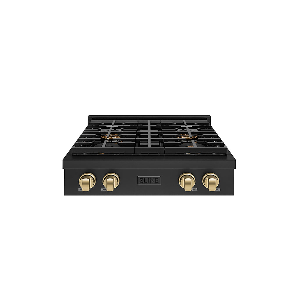 ZLINE Autograph 30" Paramount Gas Rangetop with 4 Burner DuoPro™ Cooktop in Black Stainless Steel and Champagne Bronze Accents, PSRTBZ-30-CB