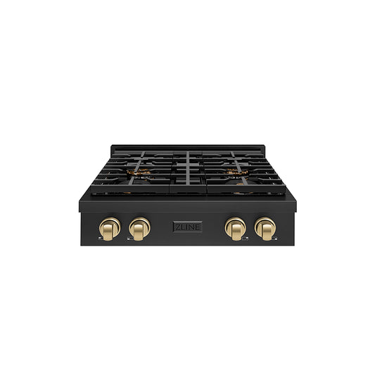 ZLINE Autograph 30" Paramount Gas Rangetop with 4 Burner DuoPro™ Cooktop in Black Stainless Steel and Champagne Bronze Accents, PSRTBZ-30-CB