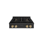 ZLINE Autograph 30" Paramount Gas Rangetop with 4 Burners and Porcelain Cooktop in Black Stainless Steel with Polished Gold Accents, SRTBZ-30-G