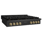 ZLINE Autograph 48" Paramount Gas Rangetop with 8 Burners, Cast Iron Griddle and Porcelain Cooktop in Black Stainless Steel with Champagne Bronze Accents, SRTBZ-48-CB