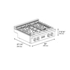 ZLINE 30" Paramount Gas Rangetop with 4 Brass Burners and Porcelain Cooktop in Satin Stainless Steel, SRTS-BR-30