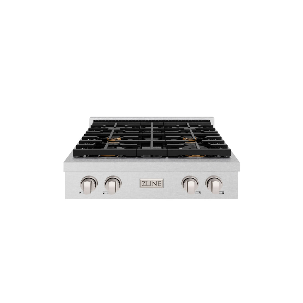 ZLINE 30" Paramount Gas Rangetop with 4 Brass Burners and Porcelain Cooktop in Satin Stainless Steel, SRTS-BR-30