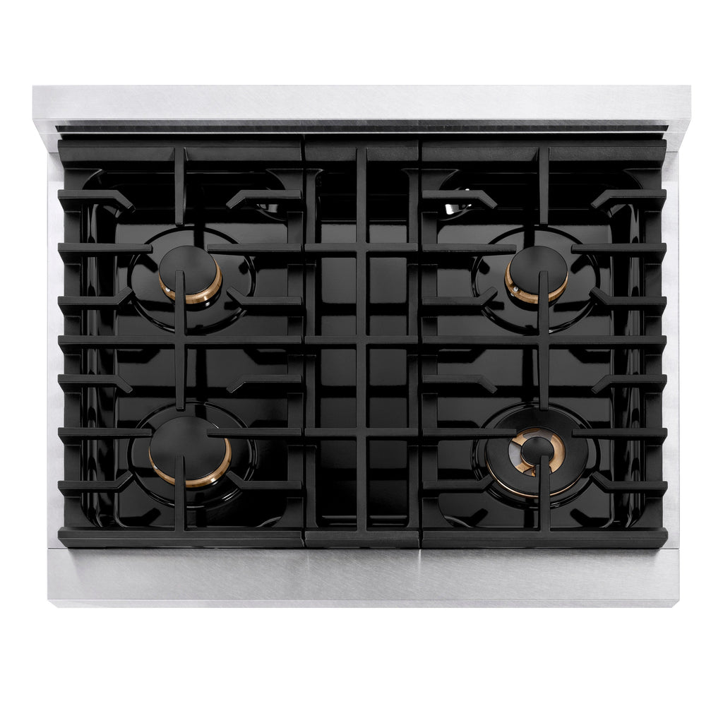 ZLINE 30" Paramount Gas Rangetop with 4 Brass Burners and Porcelain Cooktop in Satin Stainless Steel, SRTS-BR-30