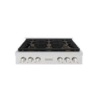 ZLINE 36" Paramount Gas Rangetop with 6 Brass Burners and Porcelain Cooktop in Satin Stainless Steel, SRTS-BR-36