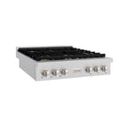 ZLINE 36" Paramount Gas Rangetop with 6 Brass Burners and Porcelain Cooktop in Satin Stainless Steel, SRTS-BR-36