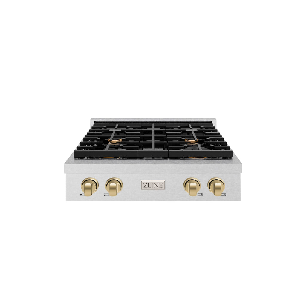 ZLINE 30" Autograph Paramount Gas Rangetop with 4 Burners and Porcelain Cooktop in Satin Stainless Steel with Champagne Bronze Accents, SRTSZ-30-CB