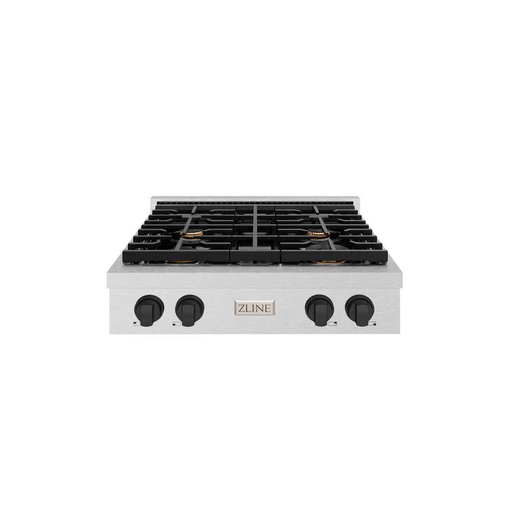 ZLINE 30" Autograph Paramount Gas Rangetop with 4 Burners and Porcelain Cooktop in Satin Stainless Steel with Matte Black Accents, SRTSZ-30-MB