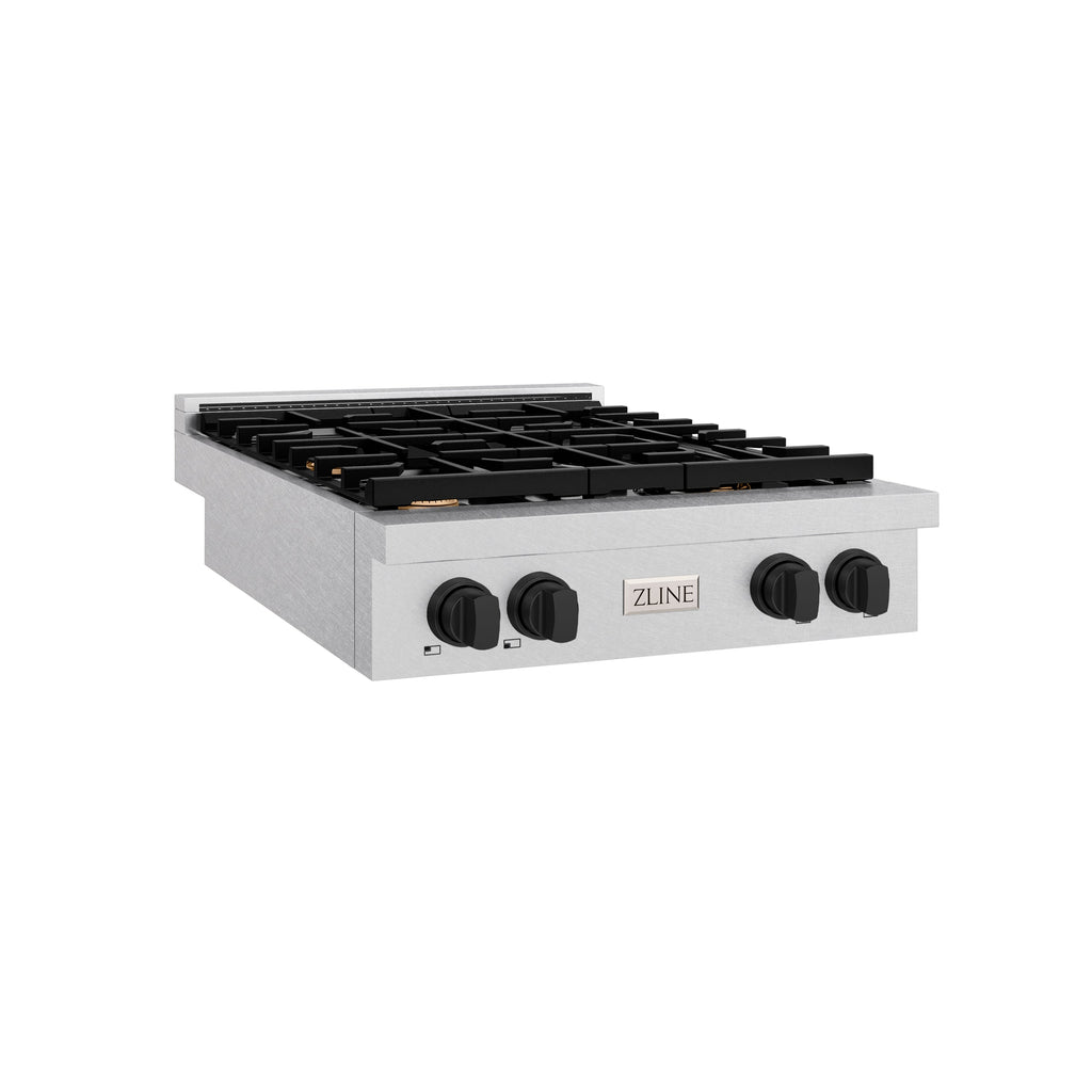 ZLINE 30" Autograph Paramount Gas Rangetop with 4 Burners and Porcelain Cooktop in Satin Stainless Steel with Matte Black Accents, SRTSZ-30-MB
