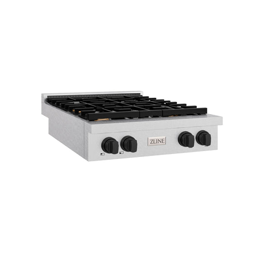 ZLINE 30" Autograph Paramount Gas Rangetop with 4 Burners and Porcelain Cooktop in Satin Stainless Steel with Matte Black Accents, SRTSZ-30-MB