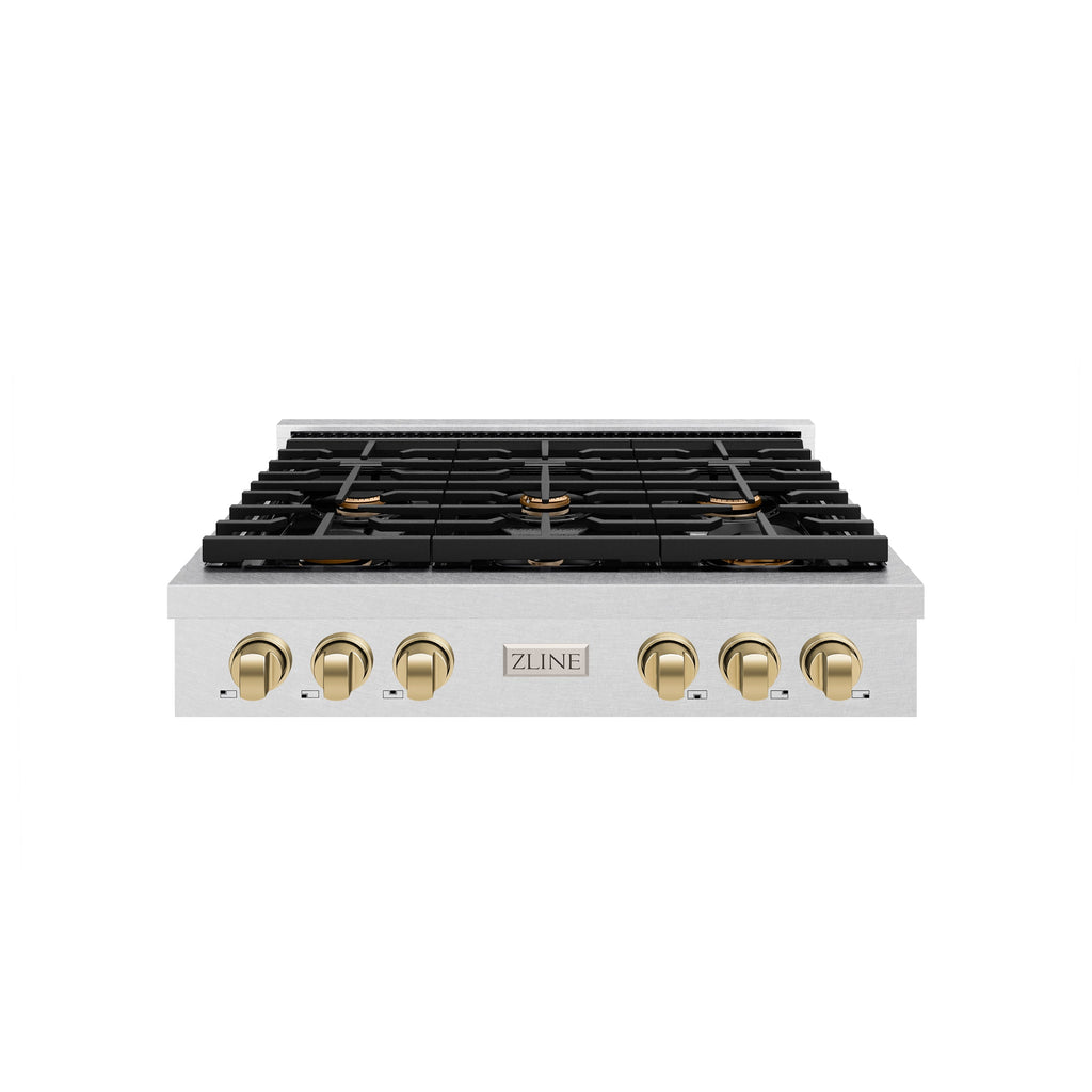 ZLINE 36" Autograph Paramount Gas Rangetop with 6 Burners and Porcelain Cooktop in Satin Stainless Steel with Champagne Bronze Accents, SRTSZ-36-CB