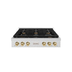 ZLINE 36" Autograph Paramount Gas Rangetop with 6 Burners and Porcelain Cooktop in Satin Stainless Steel with Champagne Bronze Accents, SRTSZ-36-CB