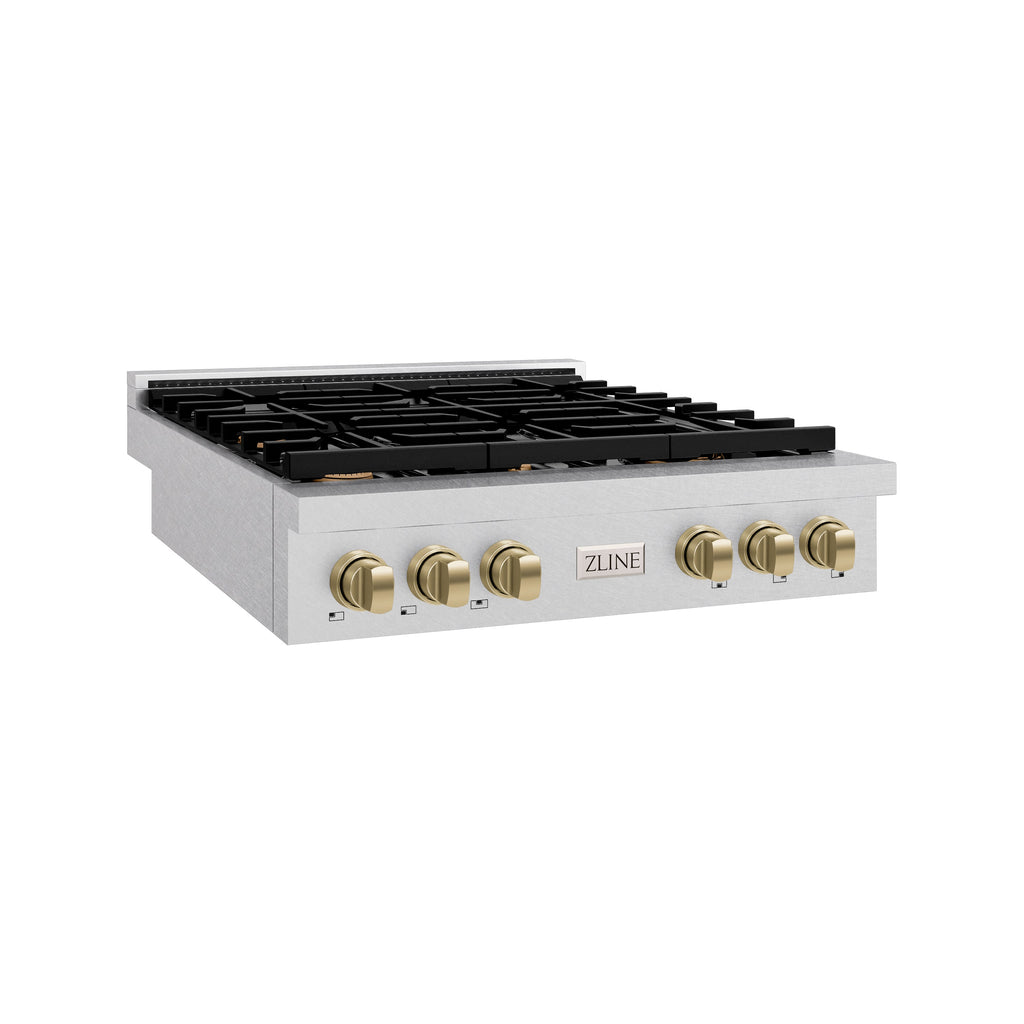 ZLINE 36" Autograph Paramount Gas Rangetop with 6 Burners and Porcelain Cooktop in Satin Stainless Steel with Champagne Bronze Accents, SRTSZ-36-CB