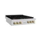 ZLINE 36" Autograph Paramount Gas Rangetop with 6 Burners and Porcelain Cooktop in Satin Stainless Steel with Champagne Bronze Accents, SRTSZ-36-CB