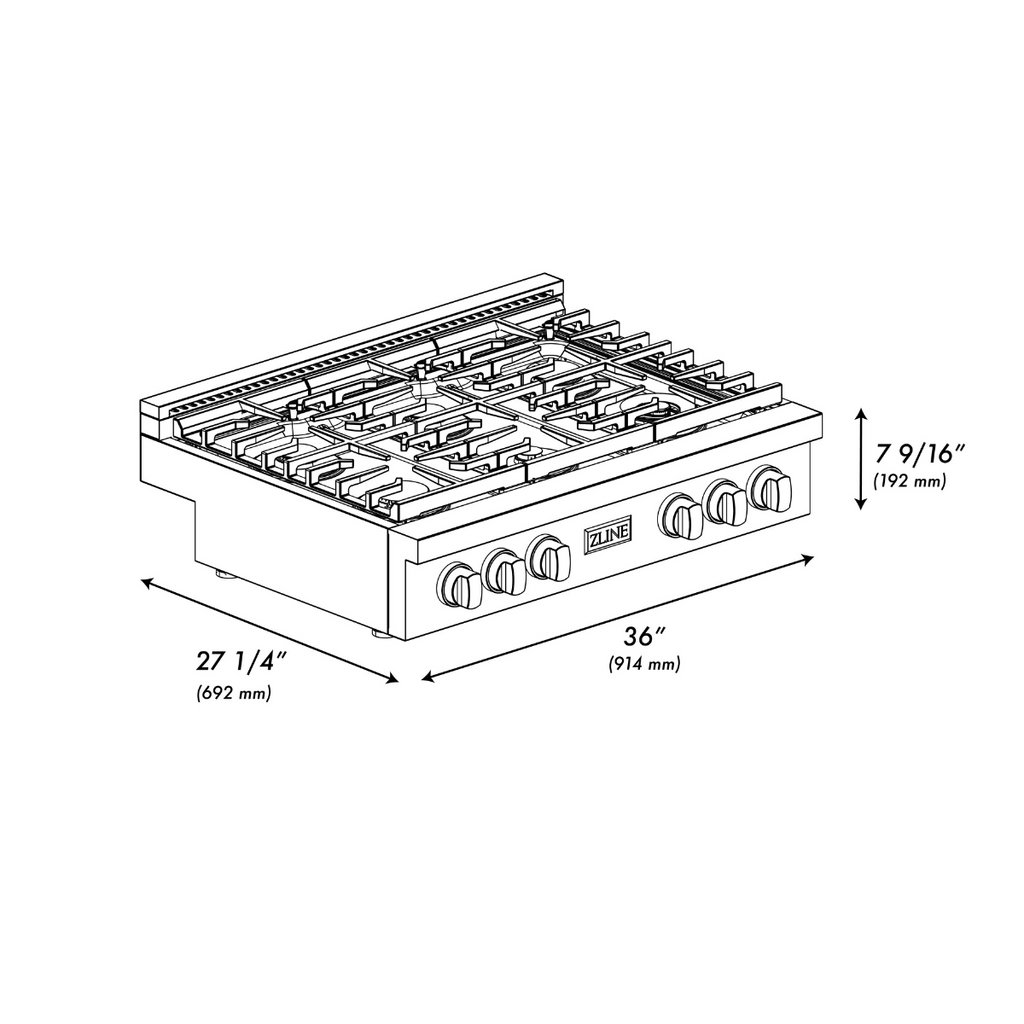 ZLINE 36" Autograph Paramount Gas Rangetop with 6 Burners and Porcelain Cooktop in Satin Stainless Steel with Polished Gold Accents, SRTSZ-36-G