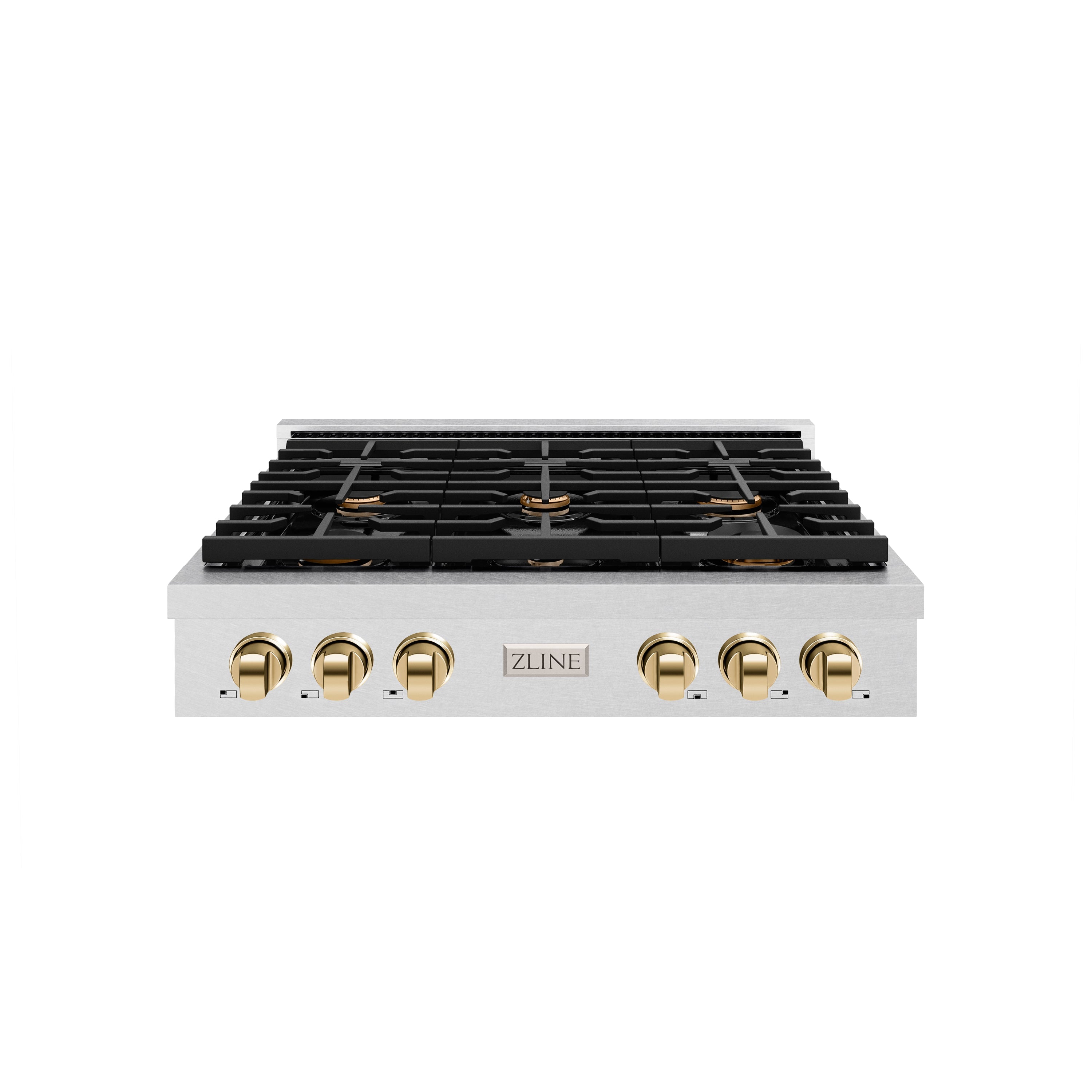 ZLINE 36" Autograph Paramount Gas Rangetop with 6 Burners and Porcelain Cooktop in Satin Stainless Steel with Polished Gold Accents, SRTSZ-36-G