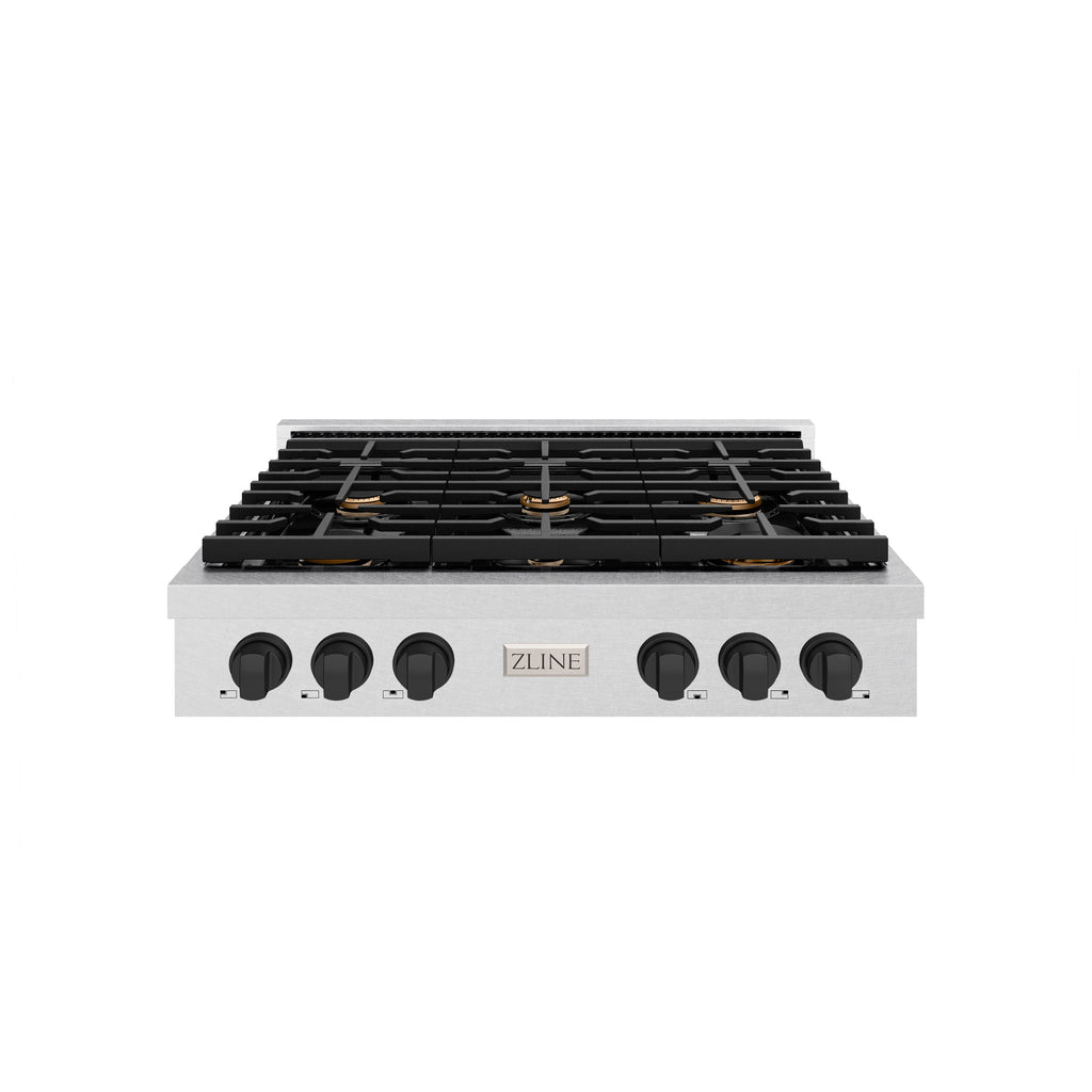 ZLINE 36" Autograph Paramount Gas Rangetop with 6 Burners and Porcelain Cooktop in Satin Stainless Steel with Matte Black Accents, SRTSZ-36-MB