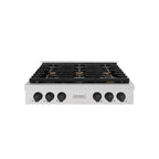 ZLINE 36" Autograph Paramount Gas Rangetop with 6 Burners and Porcelain Cooktop in Satin Stainless Steel with Matte Black Accents, SRTSZ-36-MB