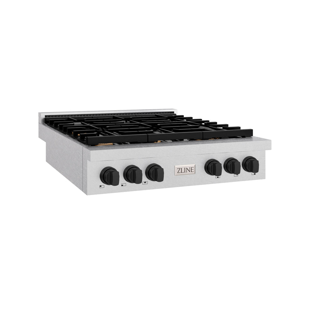 ZLINE 36" Autograph Paramount Gas Rangetop with 6 Burners and Porcelain Cooktop in Satin Stainless Steel with Matte Black Accents, SRTSZ-36-MB