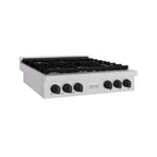 ZLINE 36" Autograph Paramount Gas Rangetop with 6 Burners and Porcelain Cooktop in Satin Stainless Steel with Matte Black Accents, SRTSZ-36-MB