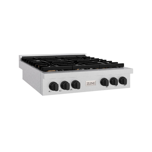 ZLINE 36" Autograph Paramount Gas Rangetop with 6 Burners and Porcelain Cooktop in Satin Stainless Steel with Matte Black Accents, SRTSZ-36-MB