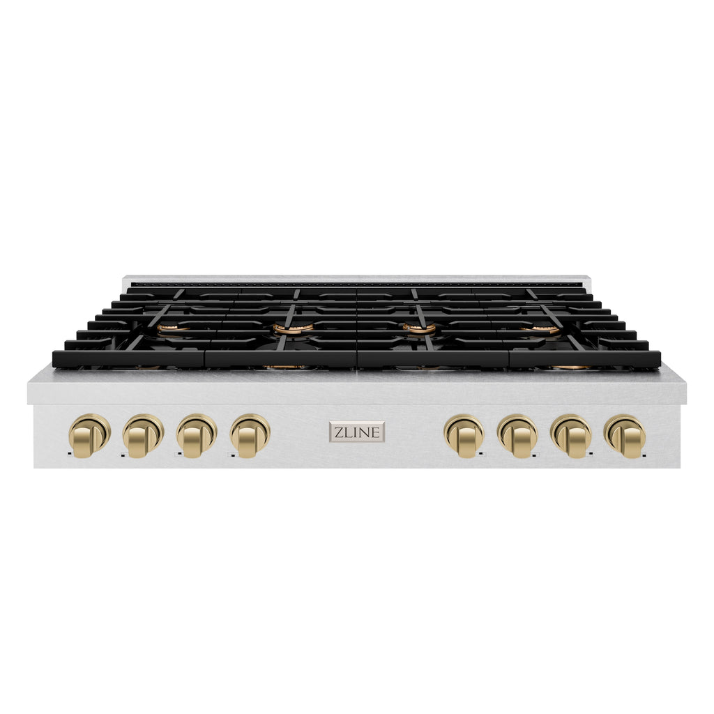 ZLINE 48" Autograph Paramount Gas Rangetop with 8 Burners and Porcelain Cooktop in Satin Stainless Steel with Champagne Bronze Accents, SRTSZ-48-CB