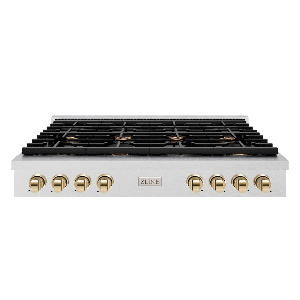 ZLINE 48" Autograph Paramount Gas Rangetop with 8 Burners and Porcelain Cooktop in Satin Stainless Steel with Polished Gold Accents, SRTSZ-48-G