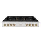 ZLINE 48" Autograph Paramount Gas Rangetop with 8 Burners and Porcelain Cooktop in Satin Stainless Steel with Polished Gold Accents, SRTSZ-48-G