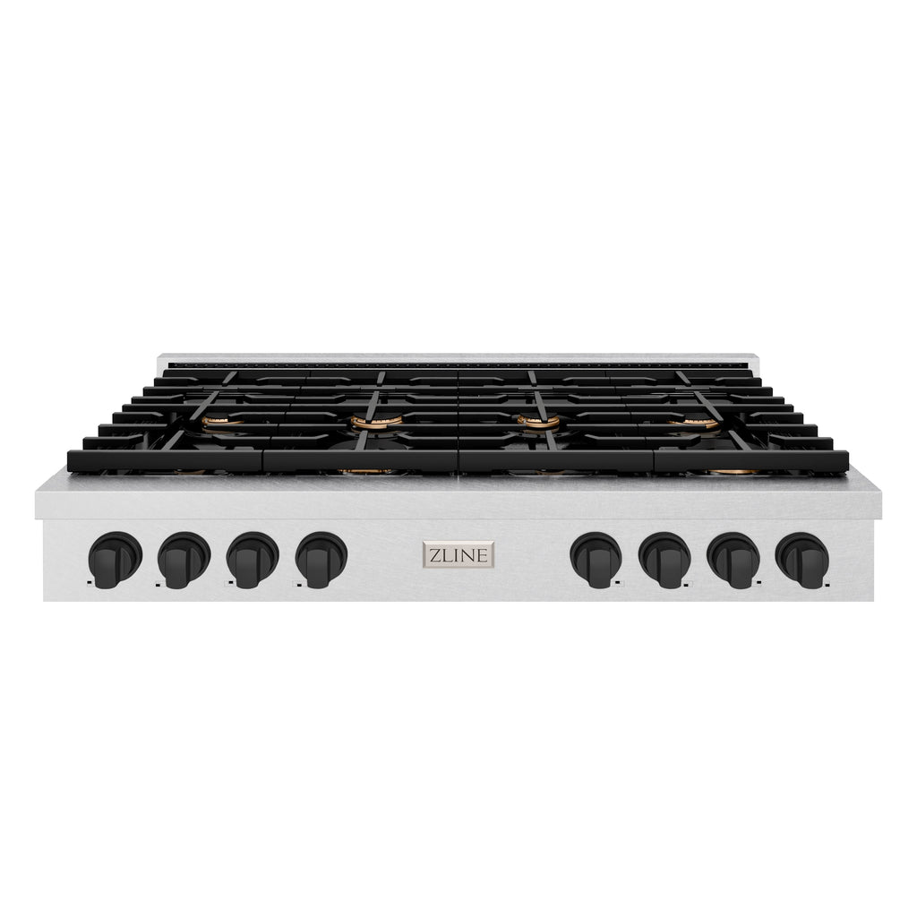 ZLINE 48" Autograph Paramount Gas Rangetop with 8 Burners and Porcelain Cooktop in Satin Stainless Steel with Matte Black Accents, SRTSZ-48-MB