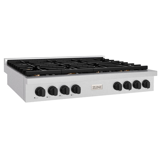 ZLINE 48" Autograph Paramount Gas Rangetop with 8 Burners and Porcelain Cooktop in Satin Stainless Steel with Matte Black Accents, SRTSZ-48-MB