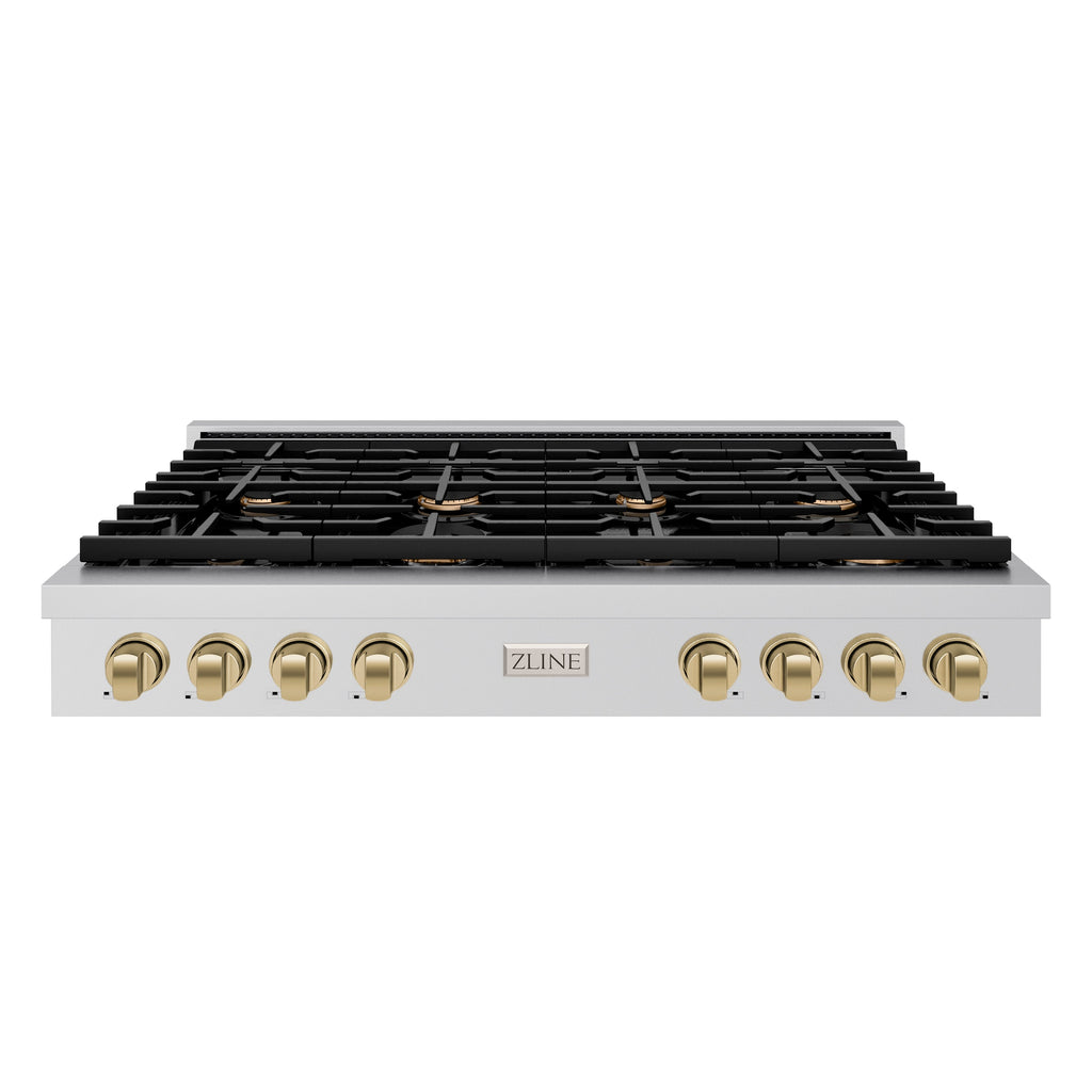 ZLINE Autograph 48" Paramount Gas Rangetop with 8 Burners, Cast Iron Griddle and Porcelain Cooktop in Stainless Steel with Champagne Bronze Accents, SRTZ-48-CB
