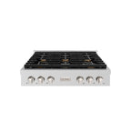 ZLINE Paramount 36" Gas Rangetop with 6 Brass Burners and Porcelain Cooktop in Stainless Steel, SRT-BR-36