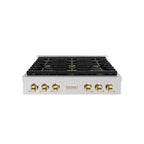 ZLINE Autograph 36" Paramount Gas Rangetop with 6 Burners and Porcelain Cooktop in Stainless Steel with Polished Gold Accents, SRTZ-36-G