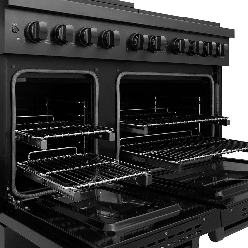 ZLINE 48 in. Dual Fuel Range 6.7 cu. ft. with 8 Burner DuoPro™ Cooktop and Dual Ovens in Black Stainless Steel (PSDRB-48)