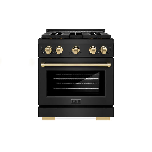 ZLINE 30 in. Dual Fuel Range 4.2 cu. ft. 4 Burner DuoPro™ Cooktop Electric Convection Oven Black Stainless Steel Champagne Bronze Accents (PSDRBZ-30-CB)