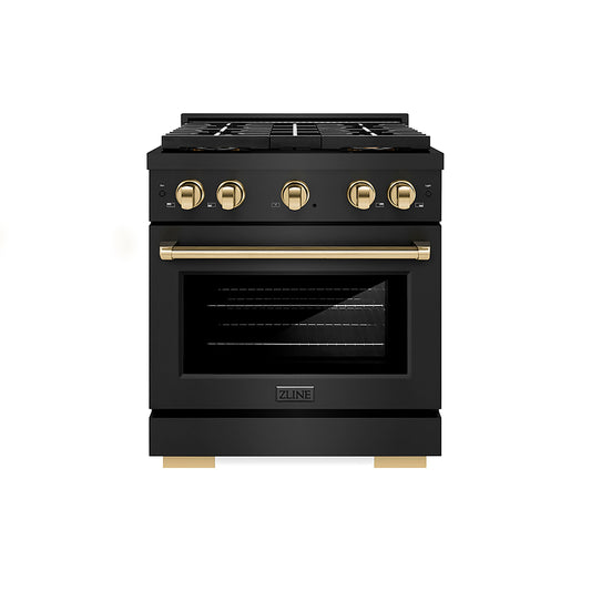 ZLINE 30 in. Dual Fuel Range 4.2 cu. ft. 4 Burner DuoPro™ Cooktop Electric Convection Oven Black Stainless Steel Polished Gold Accents (PSDRBZ-30-G)