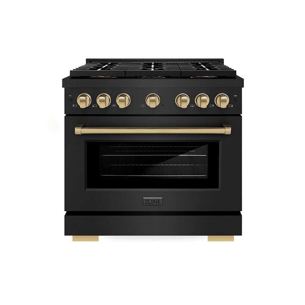 ZLINE 36 in. Dual Fuel Range 5.2 cu. ft. 6 Burner DuoPro™ Cooktop Electric Convection Oven Black Stainless Steel Champagne Bronze Accents (PSDRBZ-36-CB)
