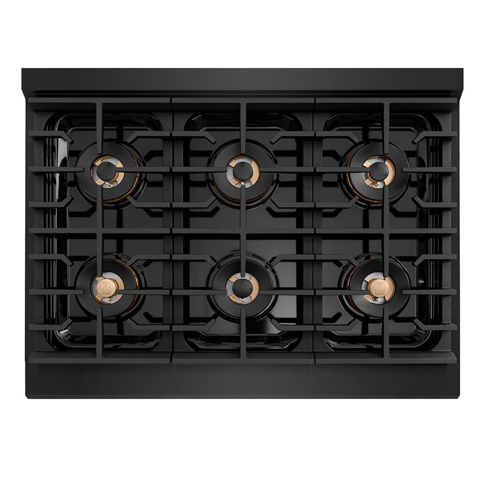 ZLINE 36 in. Dual Fuel Range 5.2 cu. ft. 6 Burner DuoPro™ Cooktop Electric Convection Oven Black Stainless Steel Champagne Bronze Accents (PSDRBZ-36-CB)