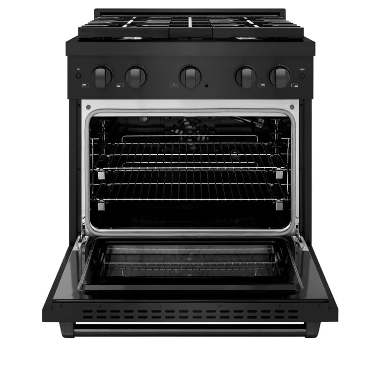 ZLINE Appliance Package - 30 in. Gas Range, Microwave, Refrigerator in Black Stainless, 3KPR-SGRBOTRH30