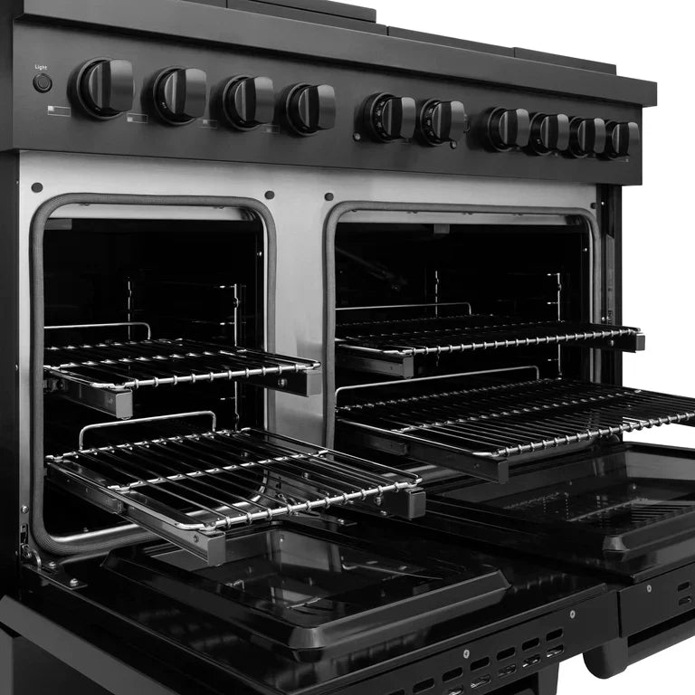ZLINE Appliance Package - 48" Gas Range, Range Hood, 36" Refrigerator with Ice Maker, 24" Microwave Drawer and Dishwasher in Black Stainless Steel