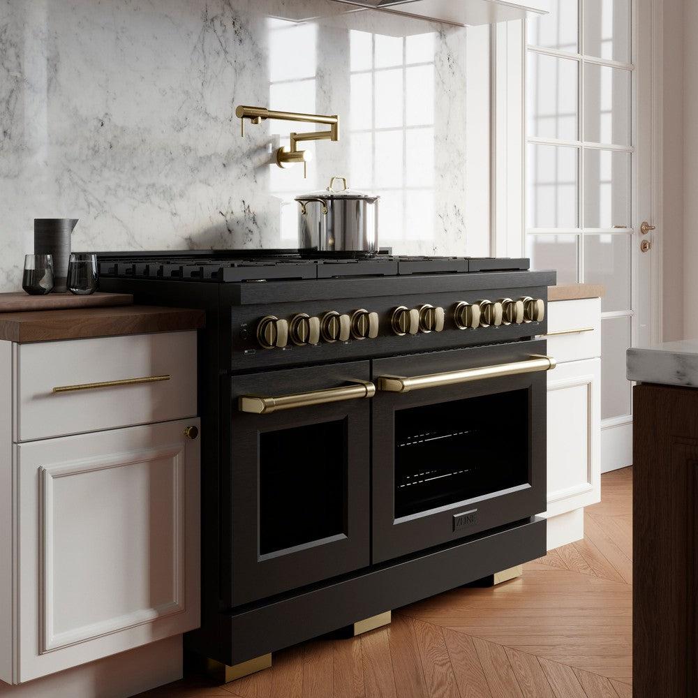 ZLINE Autograph Edition 48 in. Gas Range with Double Oven, 6.7 cu. ft., Black Stainless Steel with Bronze Accents (Model SGRBZ-48-CB)