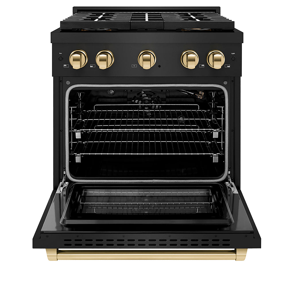 ZLINE 30 in. Gas Range 4.2 cu. ft. 4 Burner DuoPro™ Cooktop Convection Oven Black Stainless Steel Polished Gold Accents (PSGRBZ-30-G)