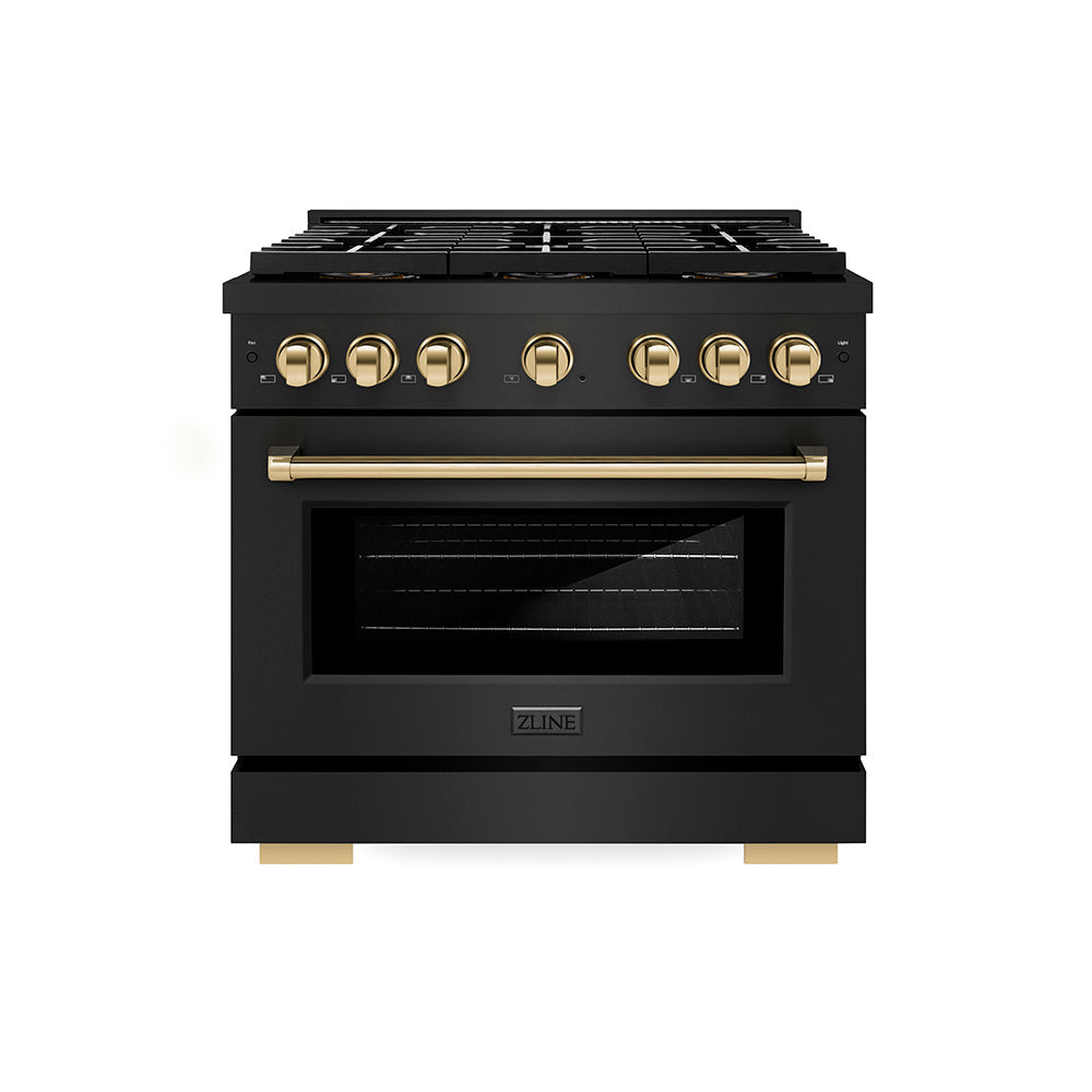 ZLINE 36 in. Gas Range 5.2 cu. ft. 6 Burner DuoPro™ Cooktop Convection Gas Oven Black Stainless Steel with Polished Gold Accents (PSGRBZ-36-G)