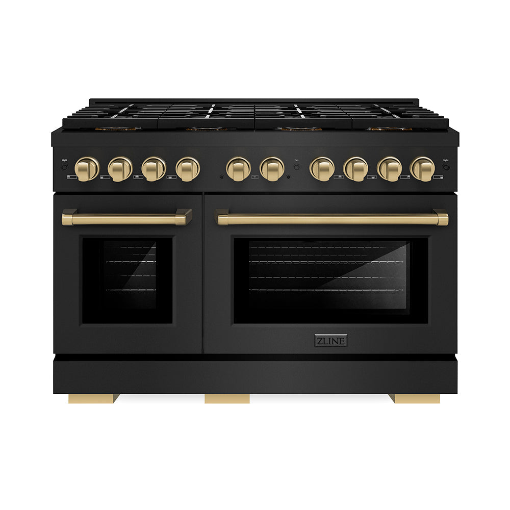 ZLINE 48 in. Gas Range 6.7 cu. ft. 8 Burner DuoPro™ Cooktop Dual Ovens Black Stainless Steel with Champagne Bronze Accents (PSGRBZ-48-CB)